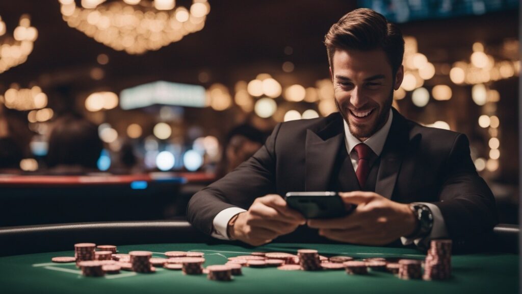 Un joueur sur mon mobile qui pari sur une salle de poker internationale